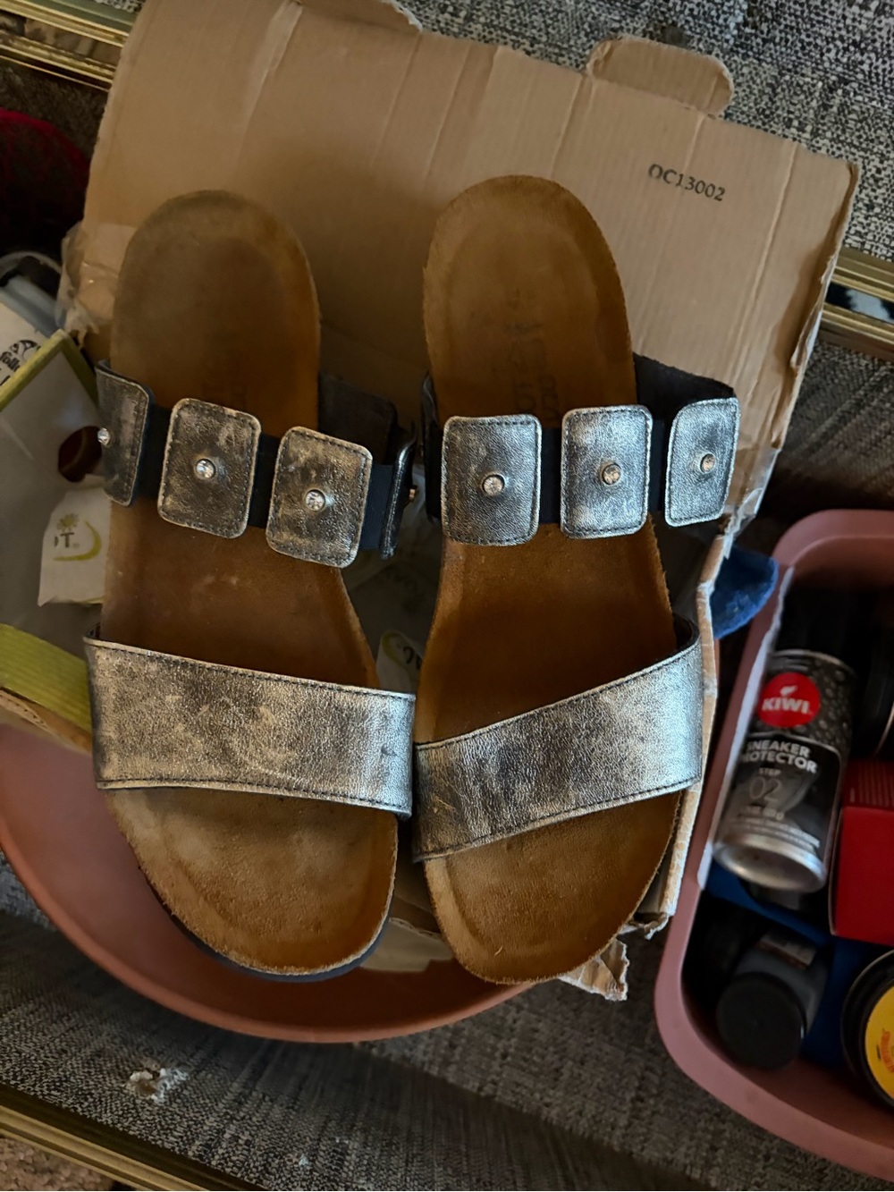 Naot aged silver sandals, black Madras size 9